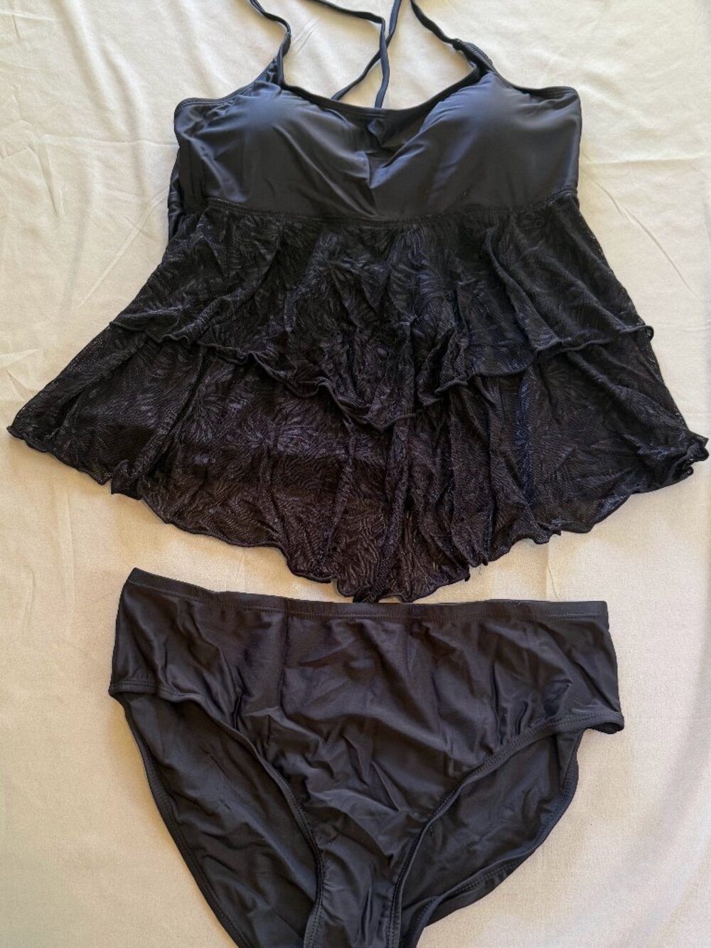 Women's Black Floral Sheer Lace Tankini Size Large Adjustable Straps